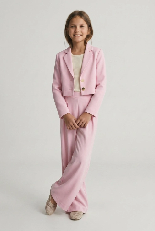 elegante meisjes set Emi roze, top met tule mouwen en rok, Vormsel feestkleding, zoyafashion.be