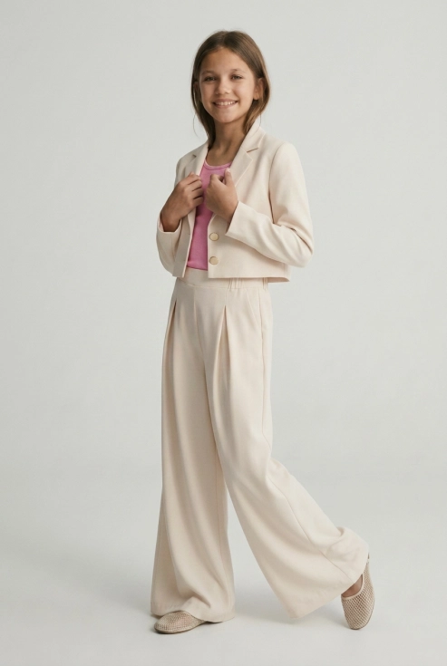 elegante meisjes set Emi creme, top met tule mouwen en rok, Vormsel feestkleding, zoyafashion.be