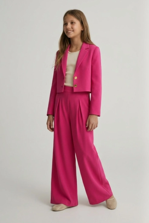 elegante meisjes set Emi fuchsia, top met tule mouwen en rok, Vormsel feestkleding, zoyafashion.be