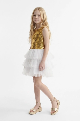 Feestjurk Riva in wit en goud met pailletten en tule voor meisjes – trouwfeest en kerst