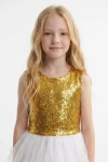Feestjurk Riva in wit en goud – mouwloos lijfje met gouden pailletten boven witte tule, vooraanzicht tot de taille
