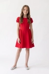 Feestjurk Rumi in rood met tulpmouwen – volledige look, vooraanzicht