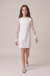 Feestjurk Vivienne in wit met mouwen van tule en pailletjes – volledige look in beweging, vooraanzicht
