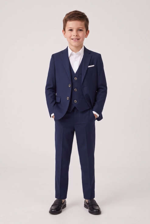 Marineblauw feestpak Liam voor jongens – colbert, gilet en broek, volledige look, vooraanzicht