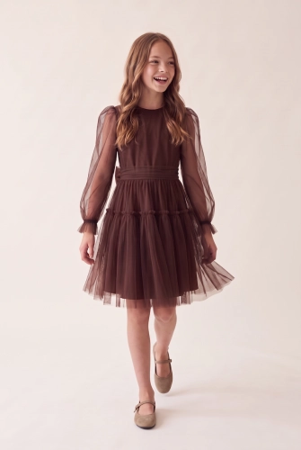 Feestjurk Holly in chocoladebruin met lange tulemouwen voor meisjes – kerst en familiefeest