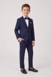 Marineblauw feestpak Sam voor jongens – colbert, broek en zwarte vlinderdas, volledige look, vooraanzicht